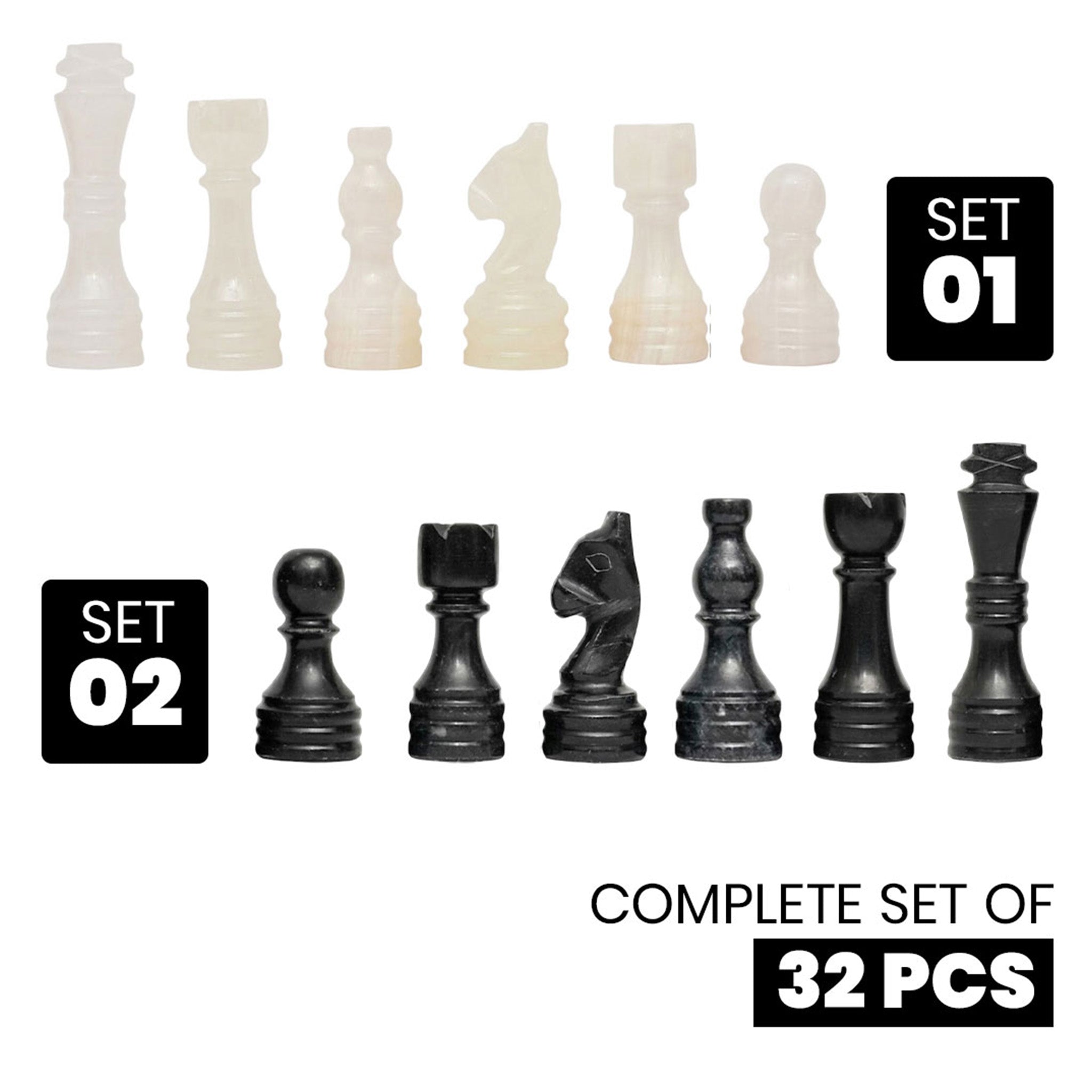 Black Onyx Marble Chess Pieces for 12 to 16 Inches Board - Premium (Pieces Only)