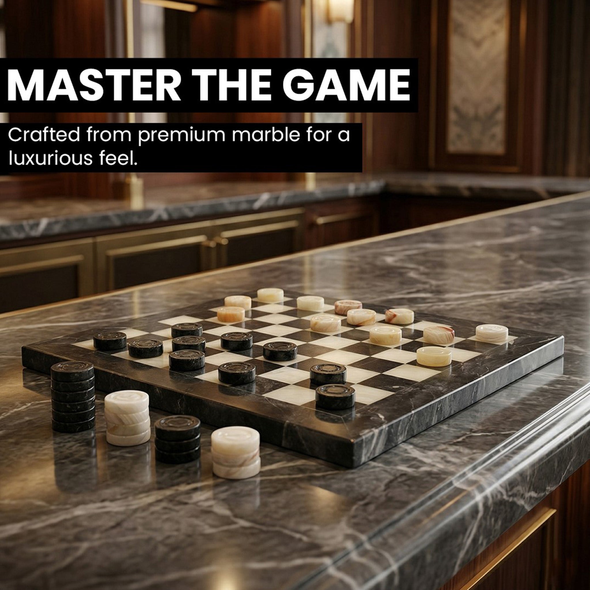 Black Onyx and White Marble Checkers Set - (Luxury 32 Pieces)
