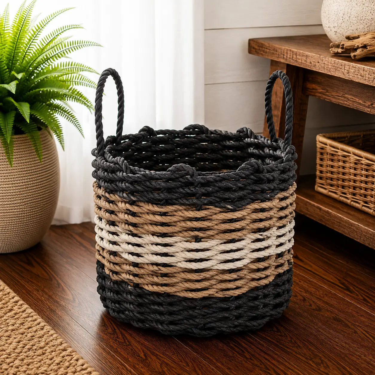 Black, brown and tan stripe rope basket