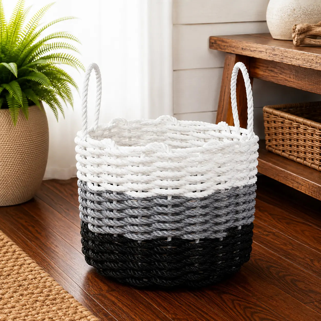 Black, gray and white ombre rope basket
