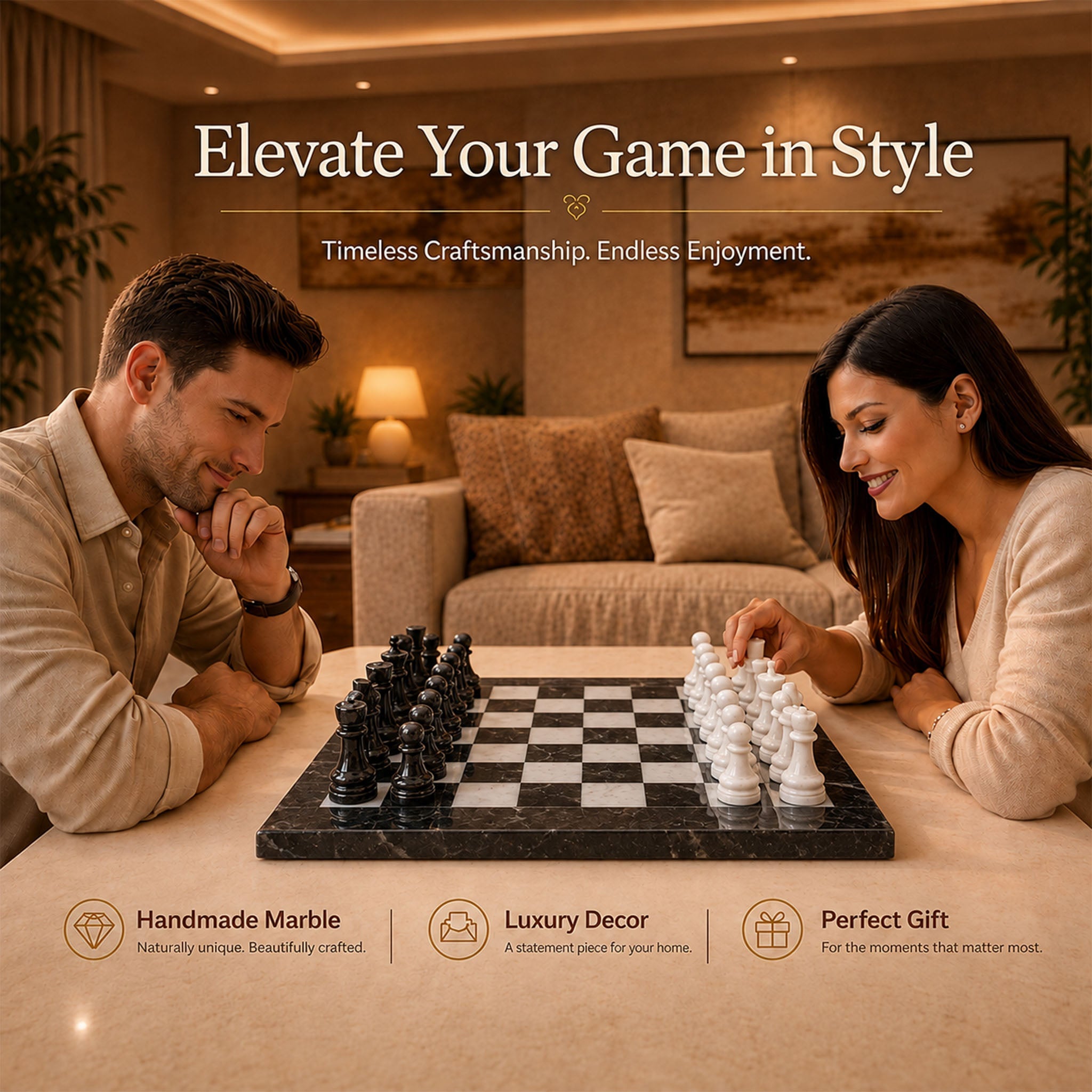 Black & White Marble Chess Set — 15" – alternate product view