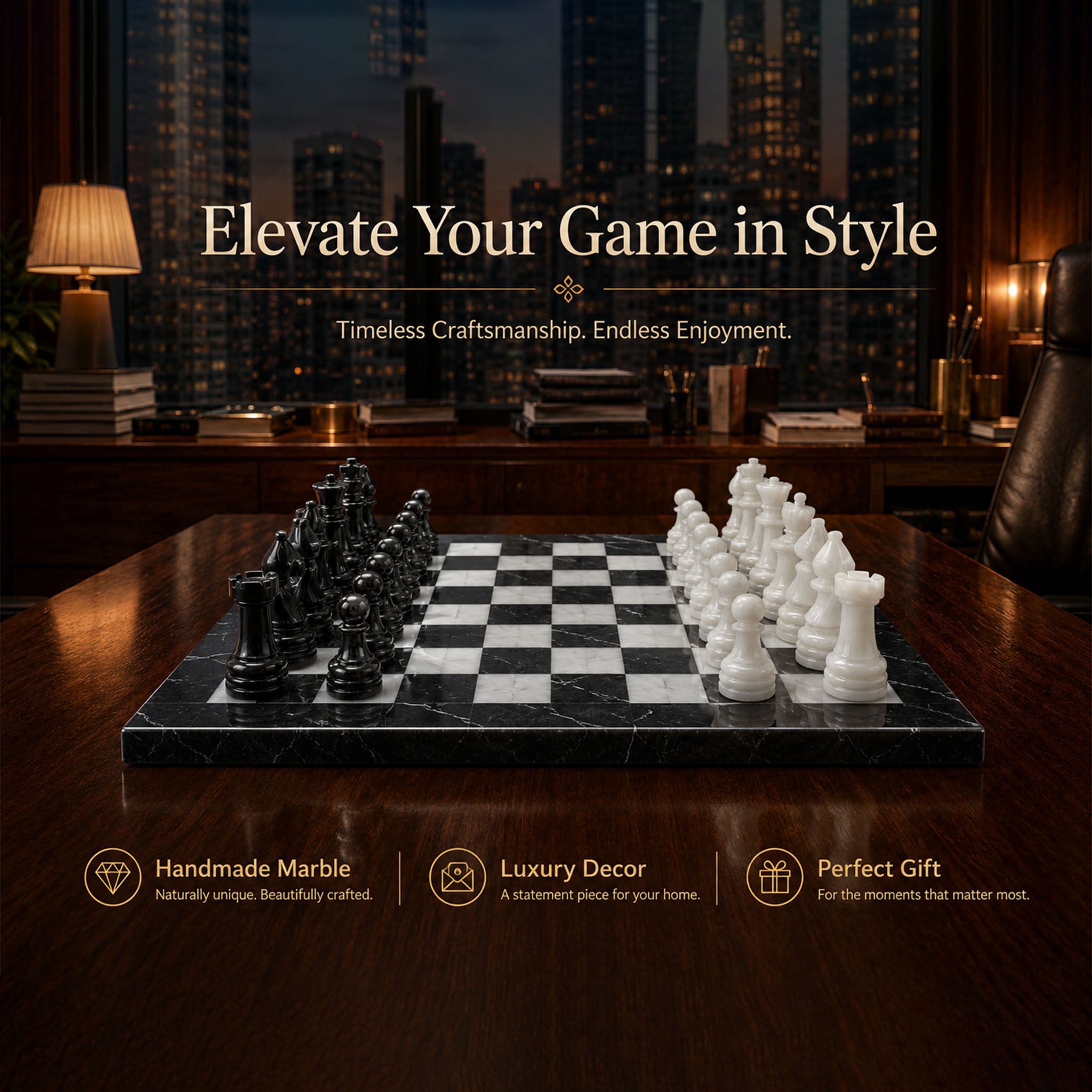 Black & White Marble Chess Set — 15" – alternate product view