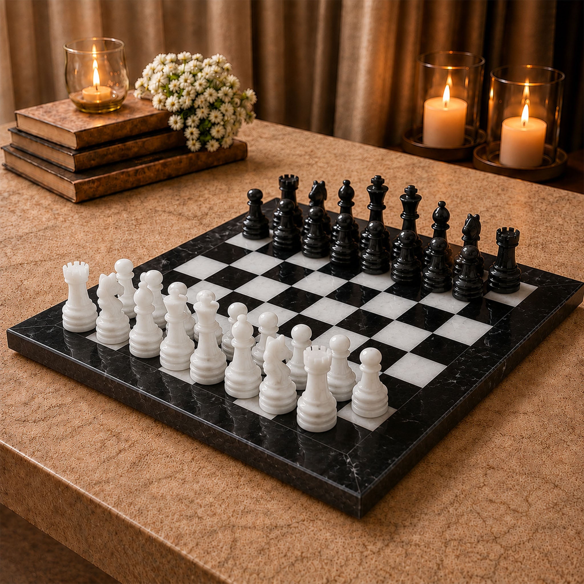 Black & White Marble Chess Set — 15"