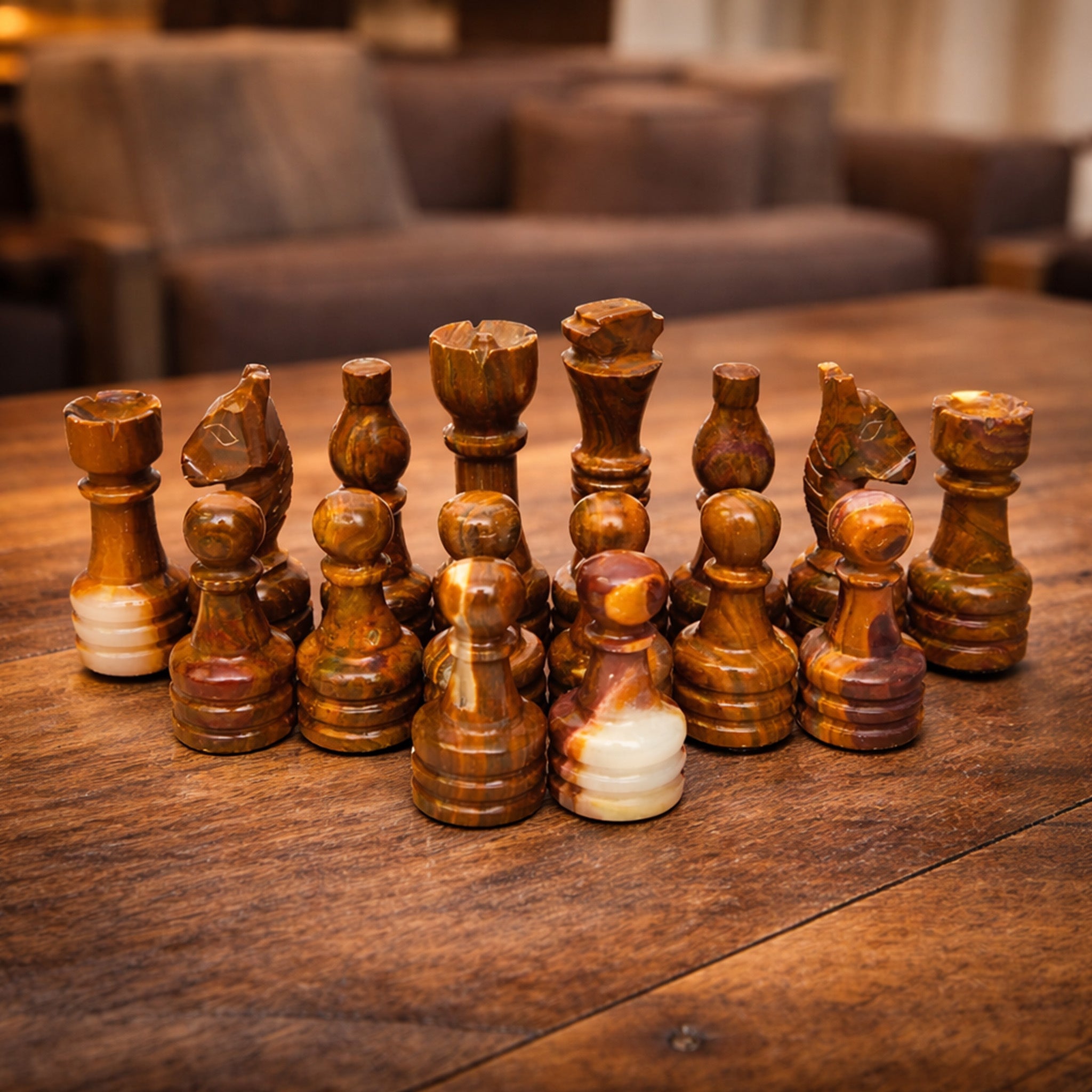 Coral and Brown Chess Pieces for 12 to 16 Inches Board - Premium marble (Pieces Only)