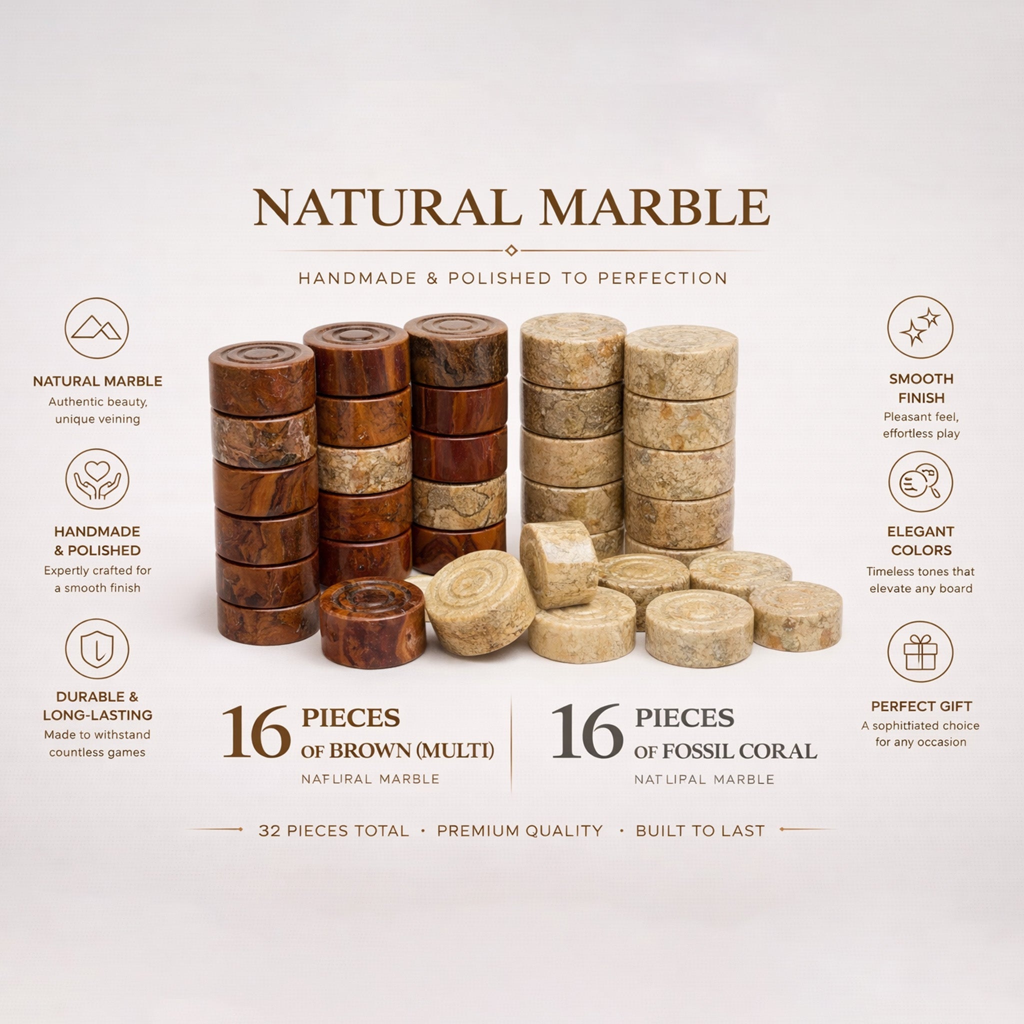 Brown and Coral Marble Checkers Set - Handmade Luxury (32 Pieces)