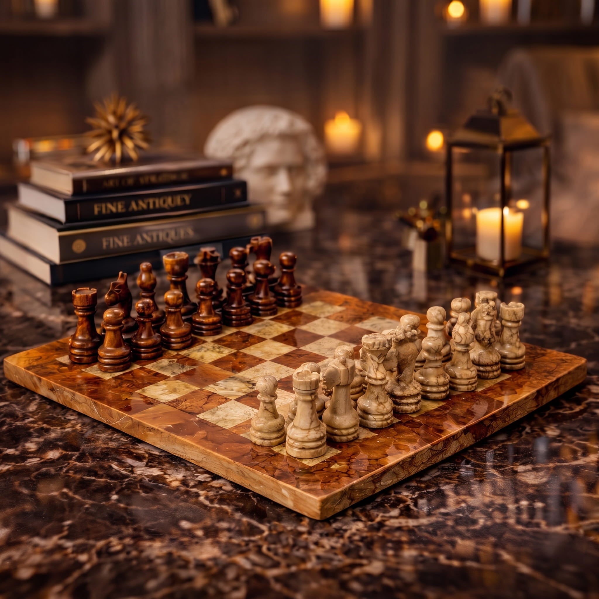 Brown and Coral Marble Chess Set 15 inches | Premium Handcrafted Natural Stone