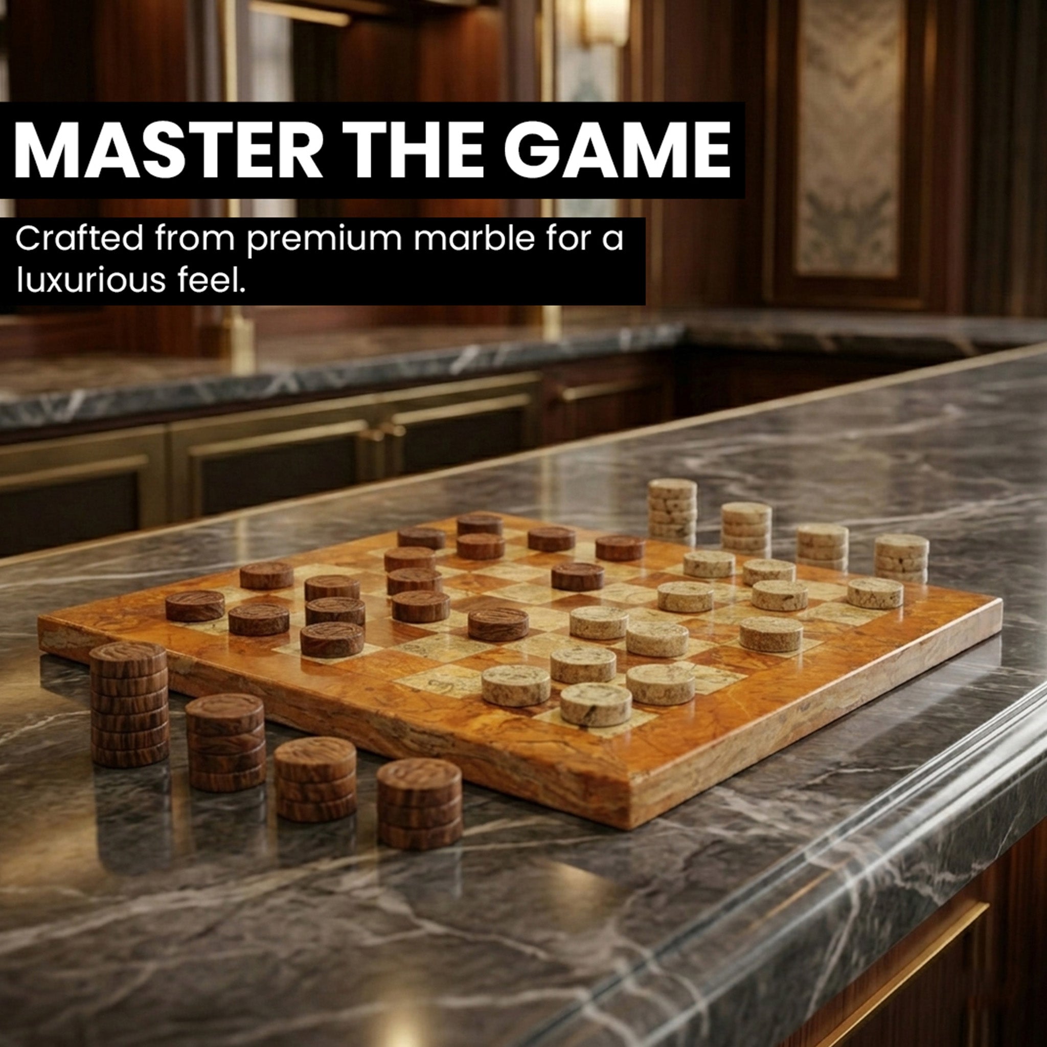 Brown and Coral Marble Checkers Set - Handmade Luxury (32 Pieces)