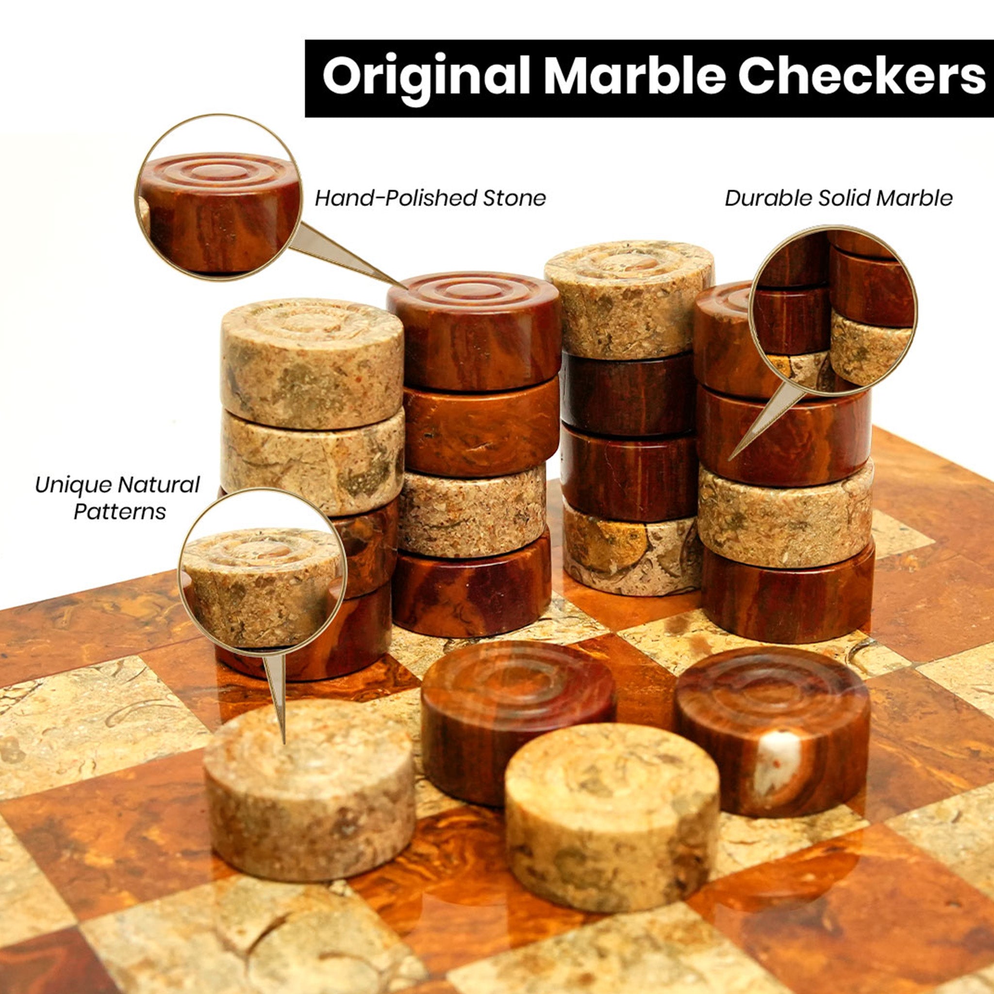 Brown and Coral Marble Checkers Set - Handmade Luxury (32 Pieces)