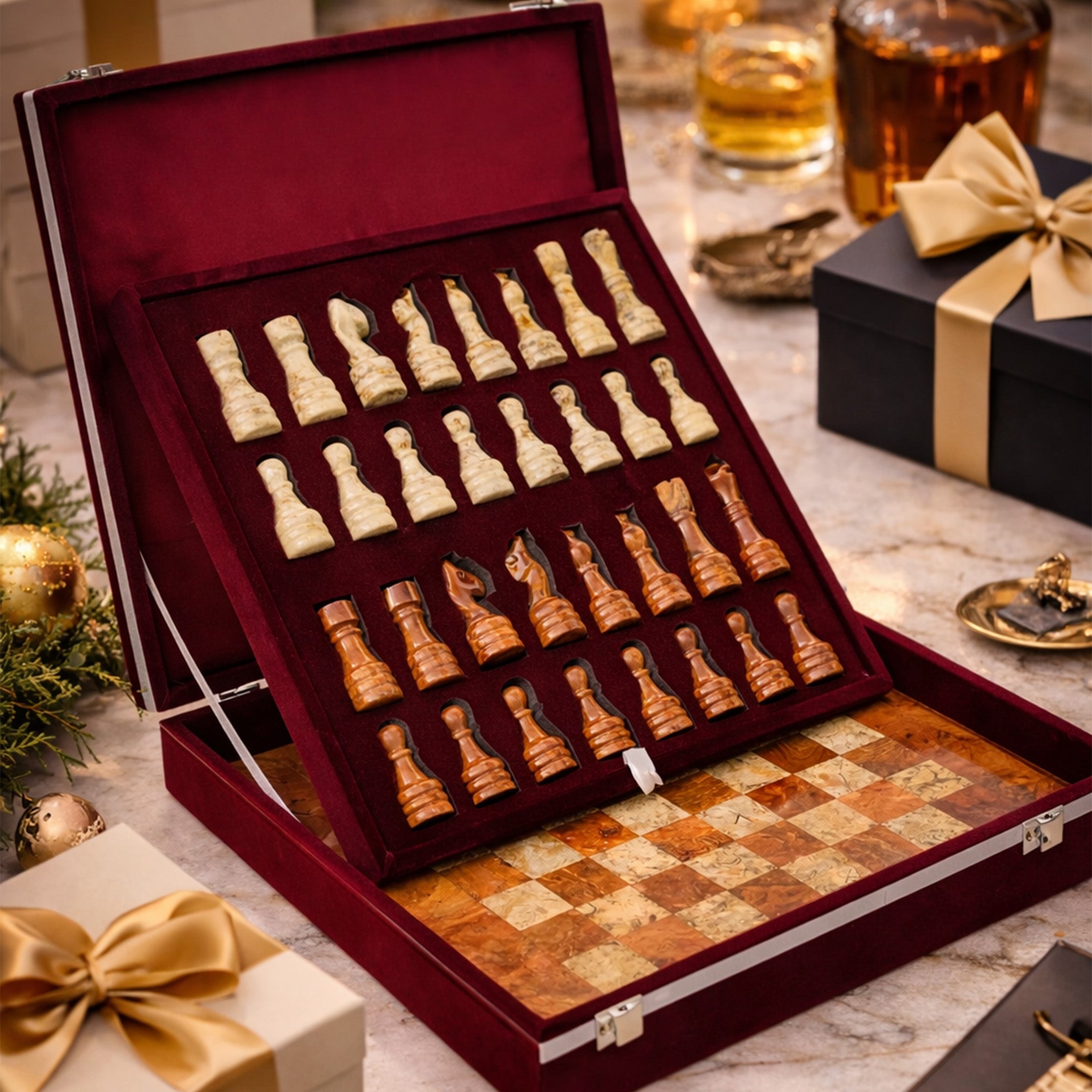 Brown and Coral Marble Chess Set 15 inches | Premium Handcrafted Natural Stone