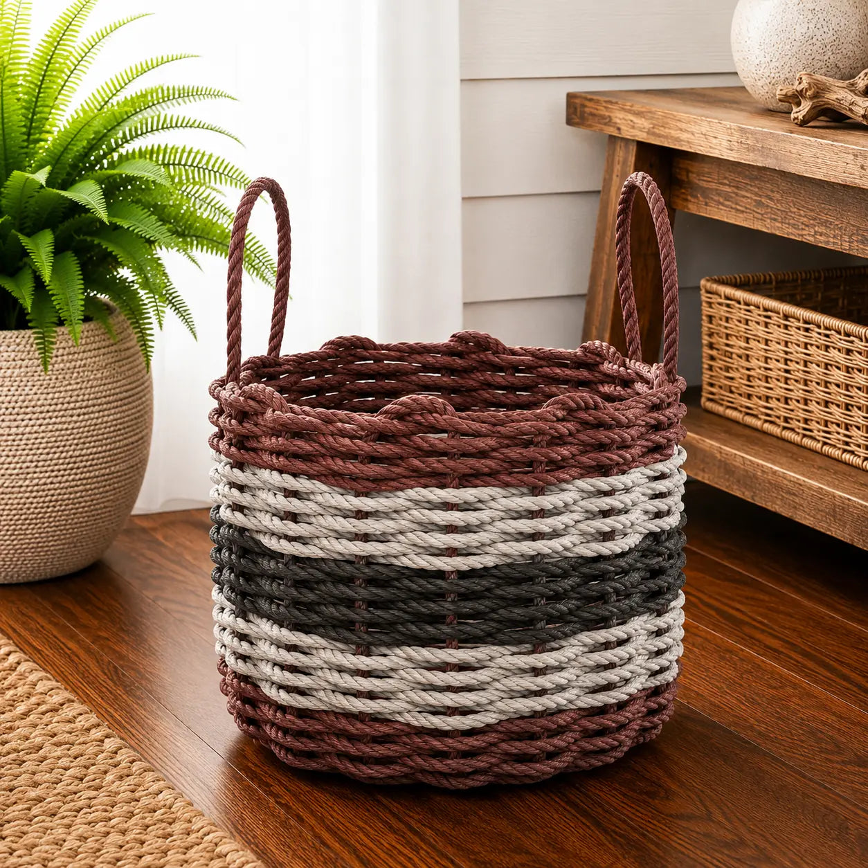 Burgundy, gray and black stripe rope basket
