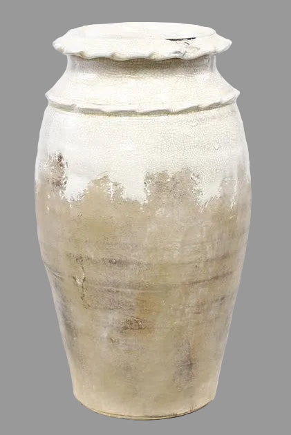 White and Tan Crackle Glazed Round Vase with Waffle Trim