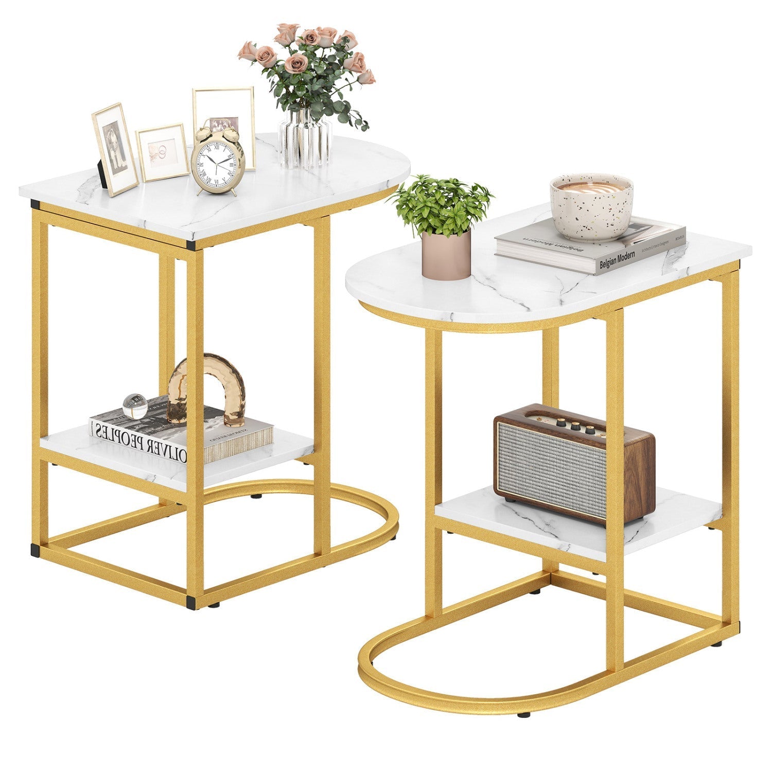 C-Shaped Side Table with Faux Marble Top & Storage Shelf – alternate product view
