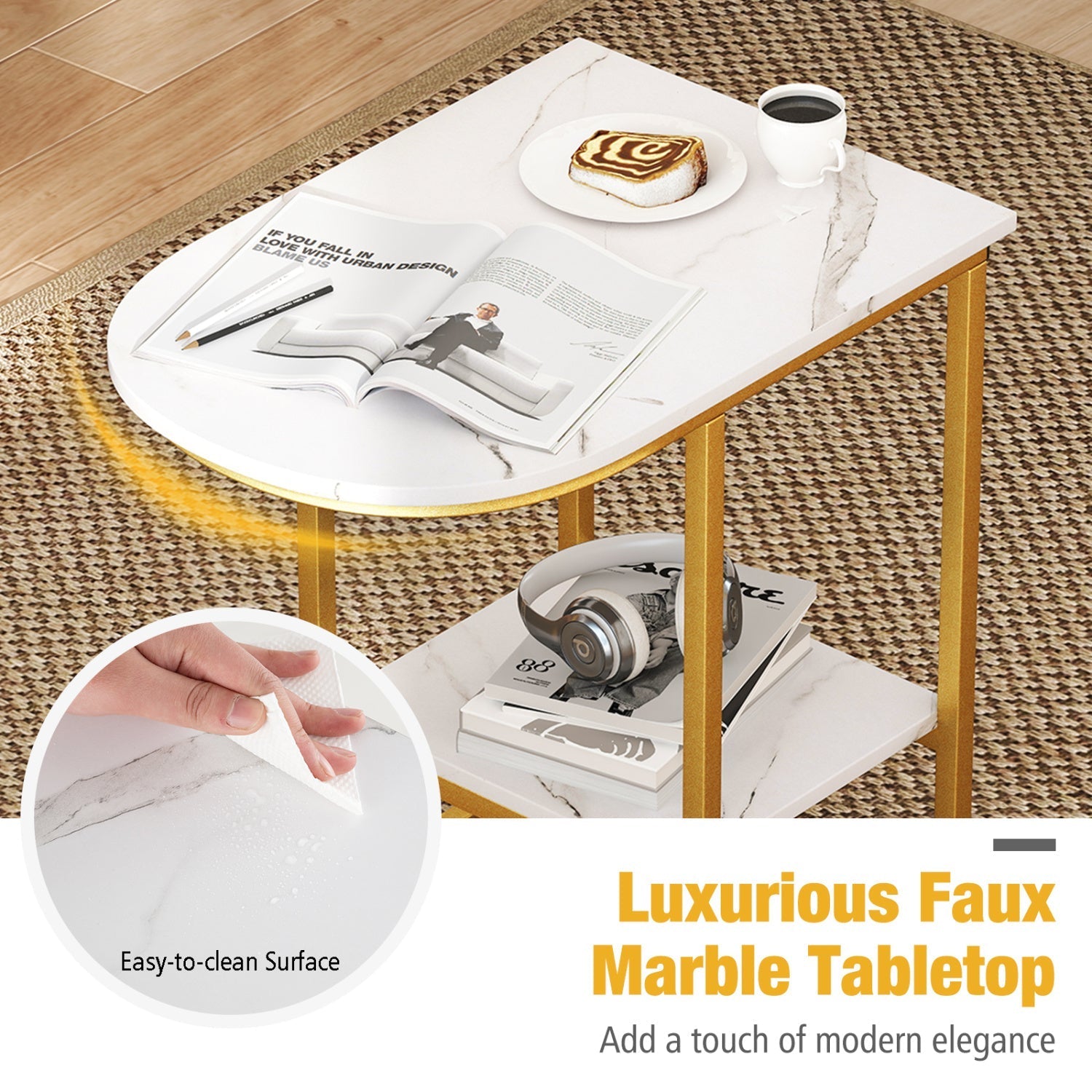 C-Shaped Side Table with Faux Marble Top & Storage Shelf – alternate product view