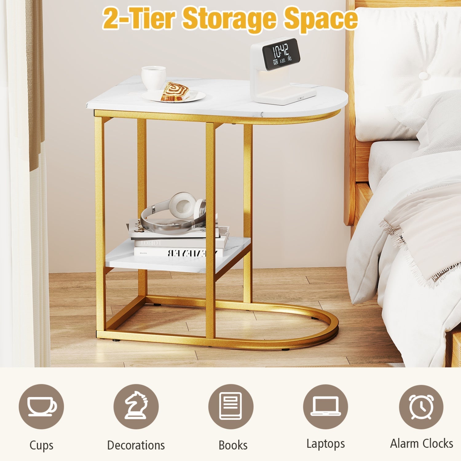 C-Shaped Side Table with Faux Marble Top & Storage Shelf – alternate product view
