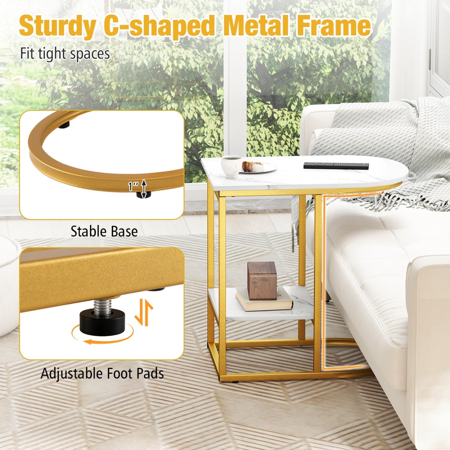 C-Shaped Side Table with Faux Marble Top & Storage Shelf – alternate product view