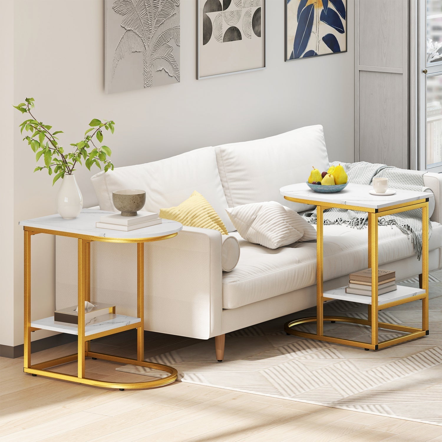 C-Shaped Side Table with Faux Marble Top & Storage Shelf