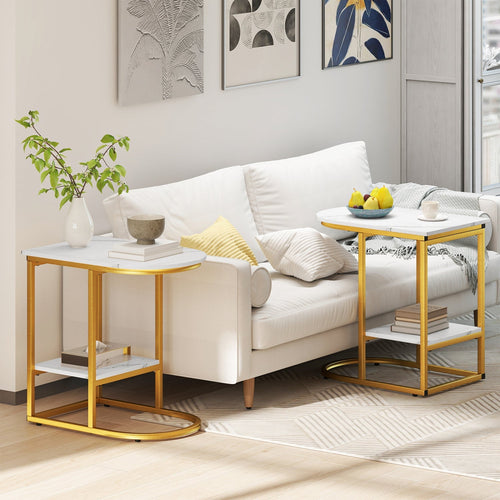 C-Shaped Side Table with Faux Marble Top & Storage Shelf