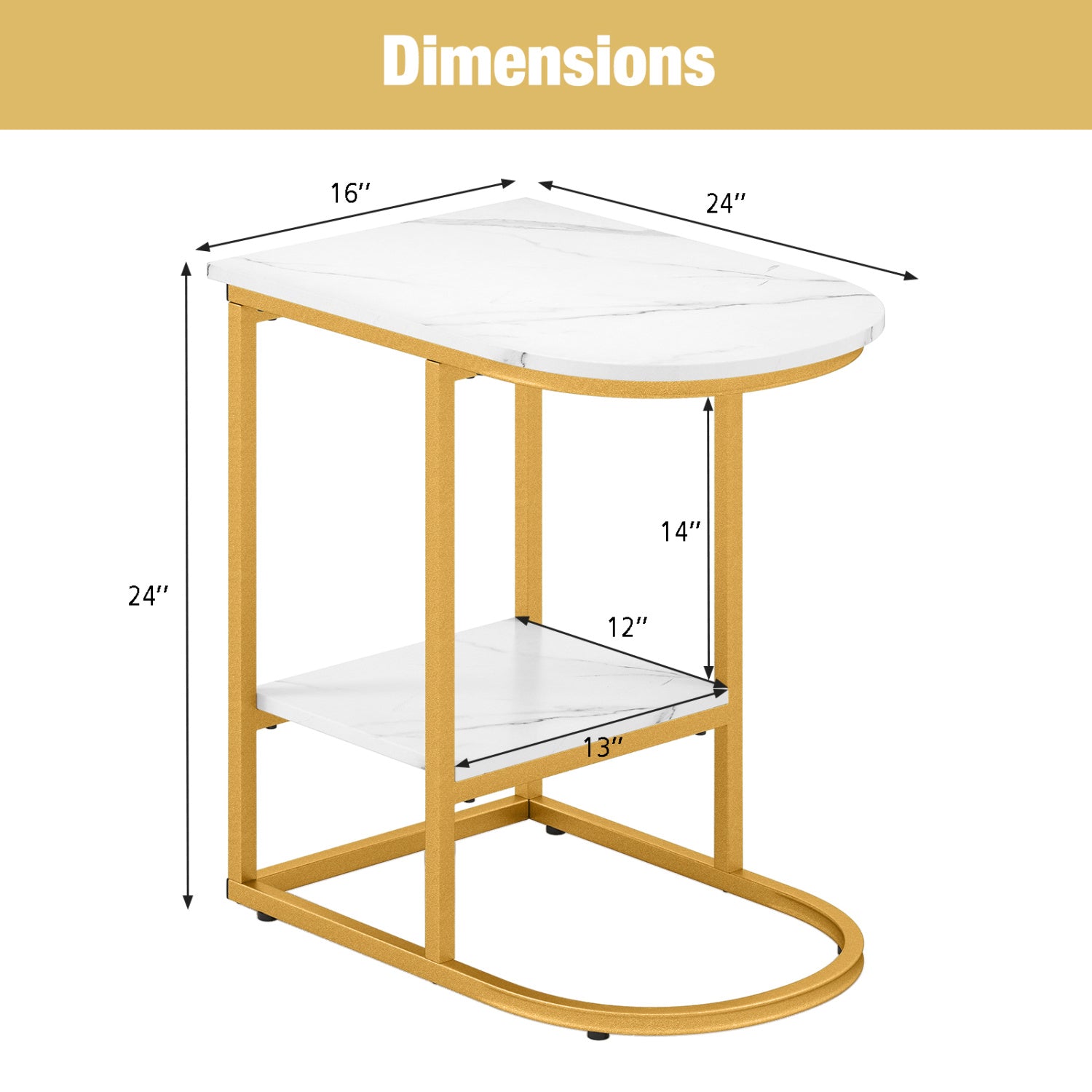 C-Shaped Side Table with Faux Marble Top & Storage Shelf – alternate product view