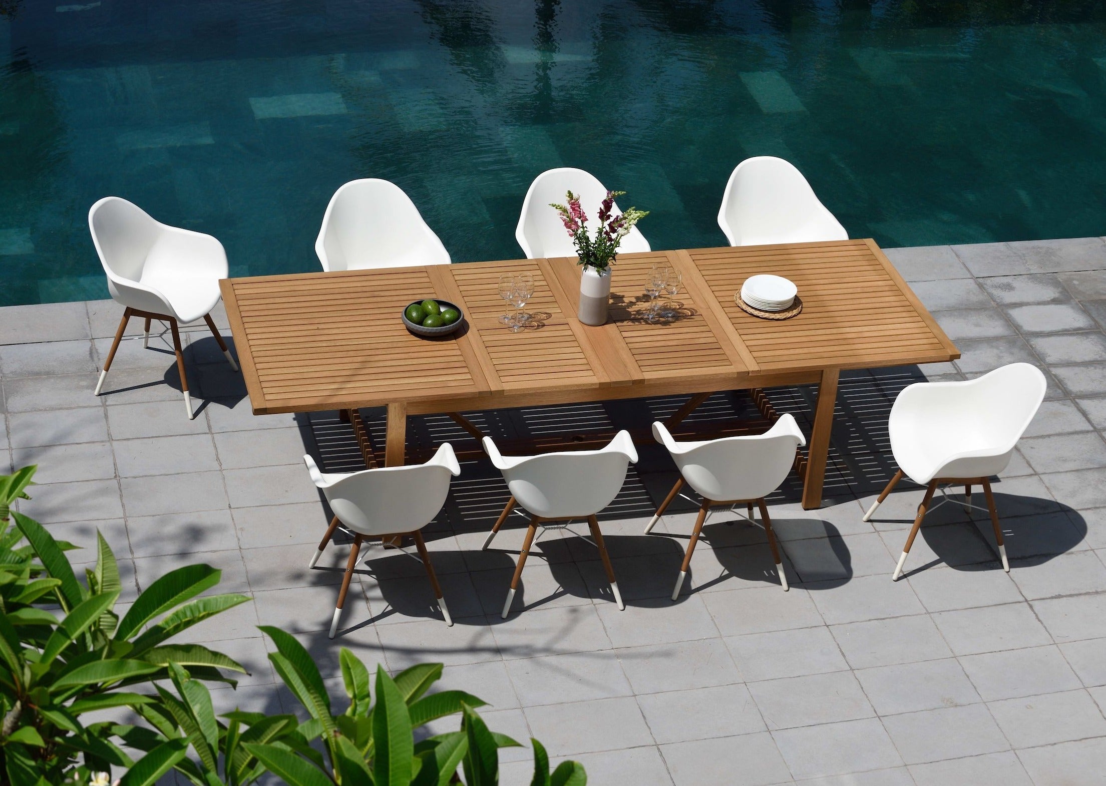 Leyland outdoor dining table with eight Chamonix armchairs