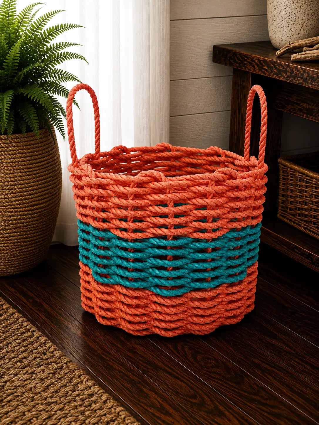 Coral Orange & Teal Rope Basket