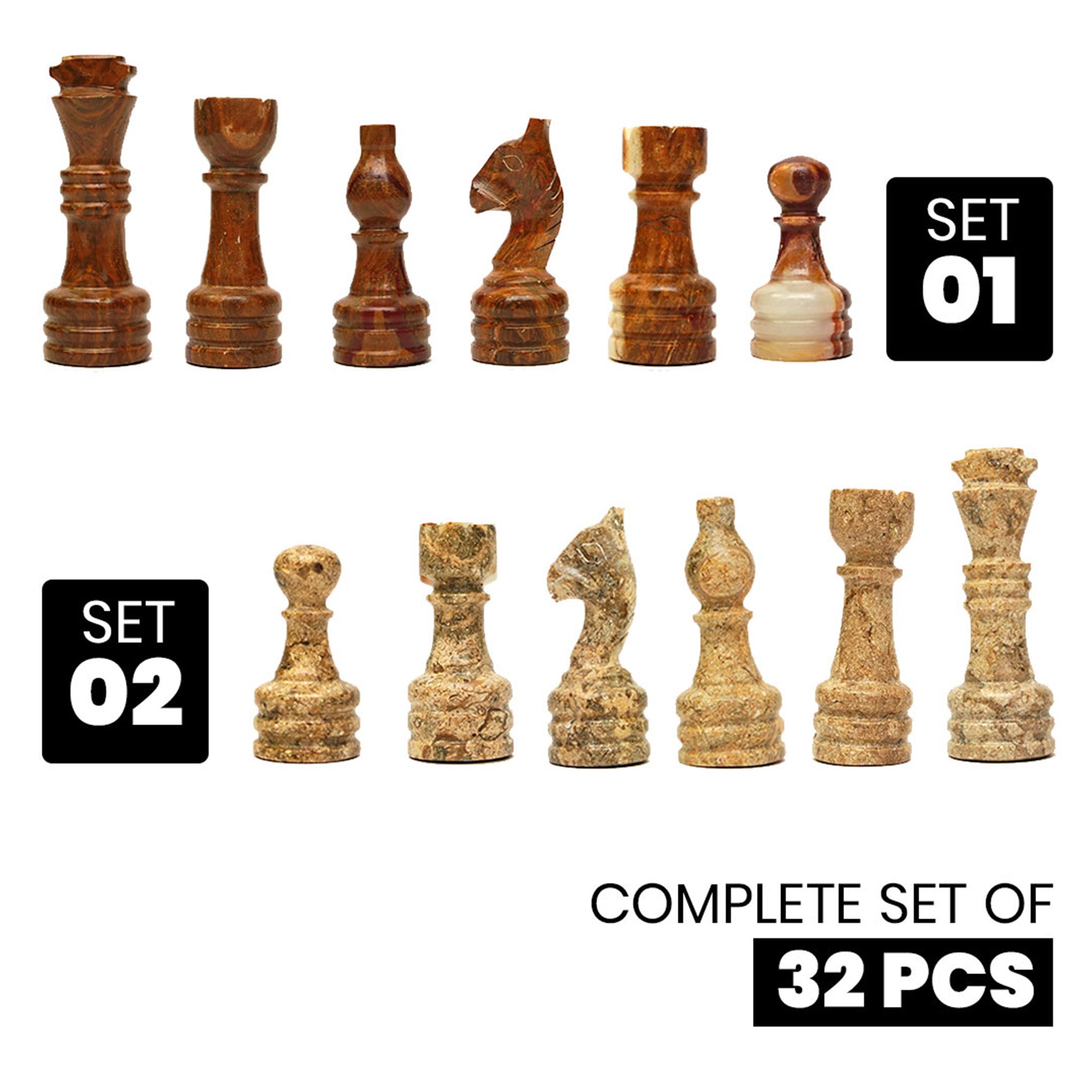 Coral and Brown Chess Pieces for 12 to 16 Inches Board - Premium marble (Pieces Only)