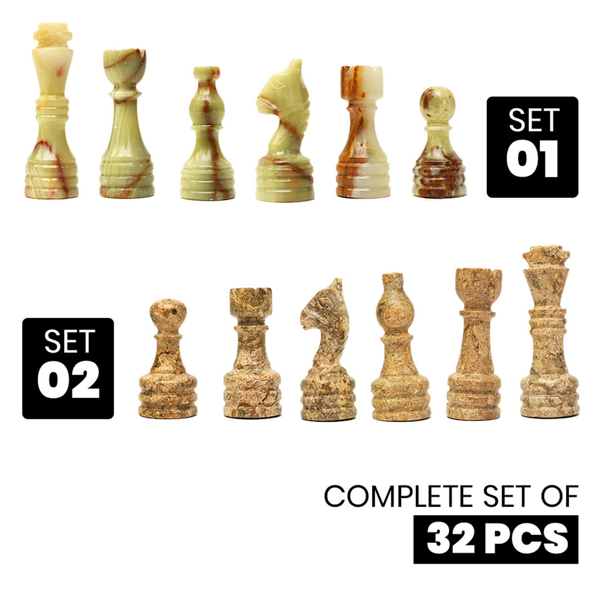 Coral and Green Onyx Chess Pieces for 12 to 16 Inches Board - Handcrafted (Pieces Only)