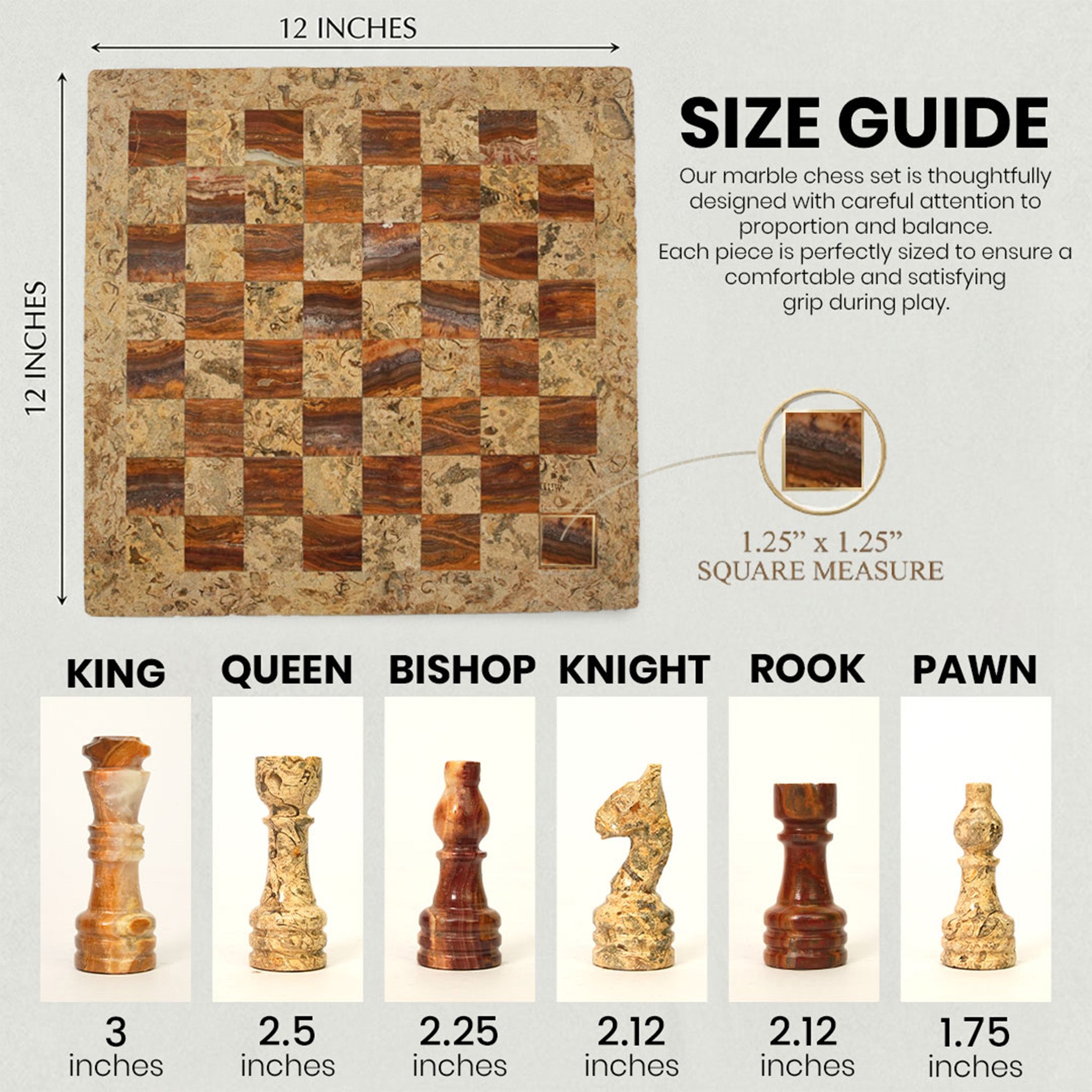Coral Brown Marble Chess Set 12 Inches - Premium Handcrafted