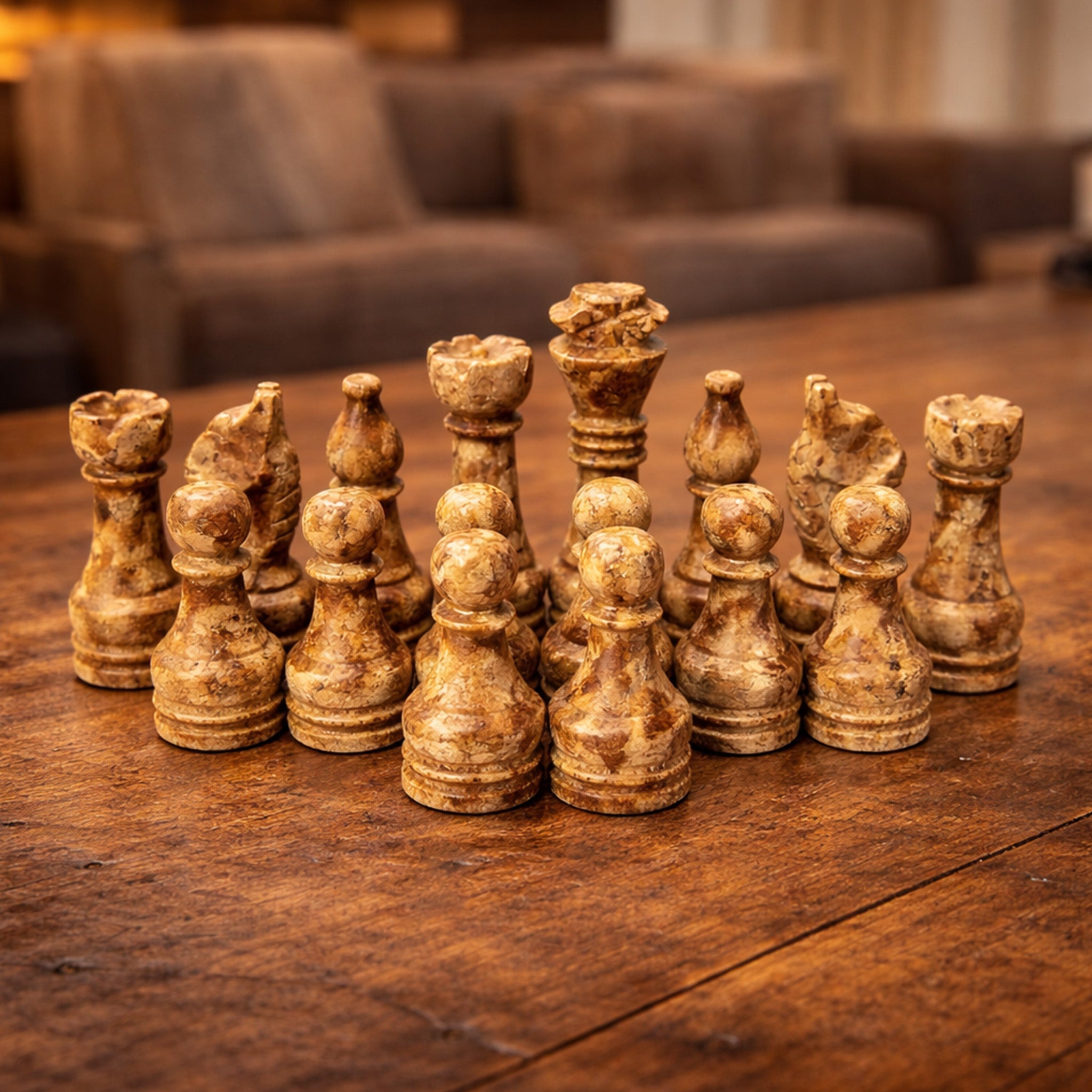 Coral and Green Onyx Chess Pieces for 12 to 16 Inches Board - Handcrafted (Pieces Only)