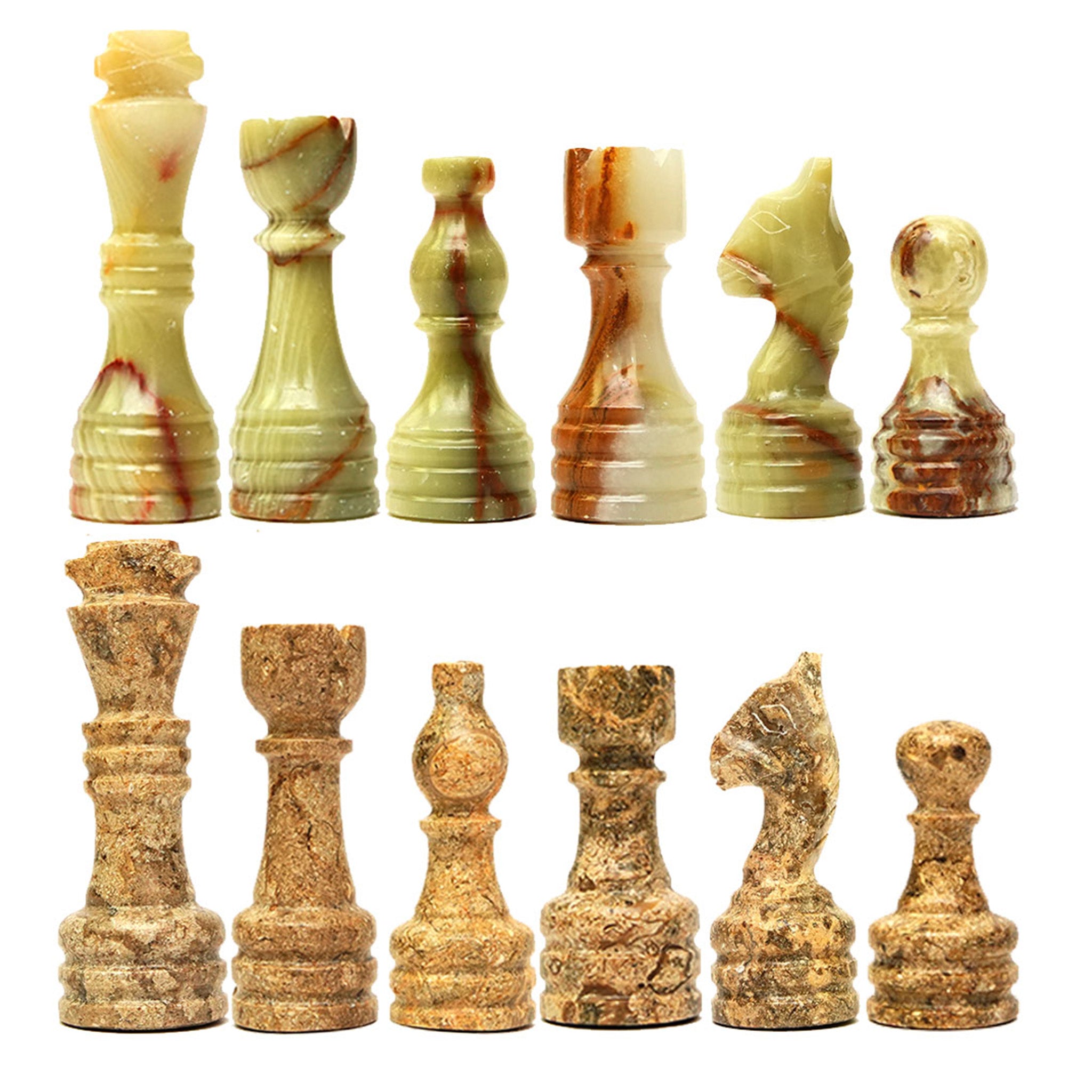Coral and Green Onyx Chess Pieces for 12 to 16 Inches Board - Handcrafted (Pieces Only)