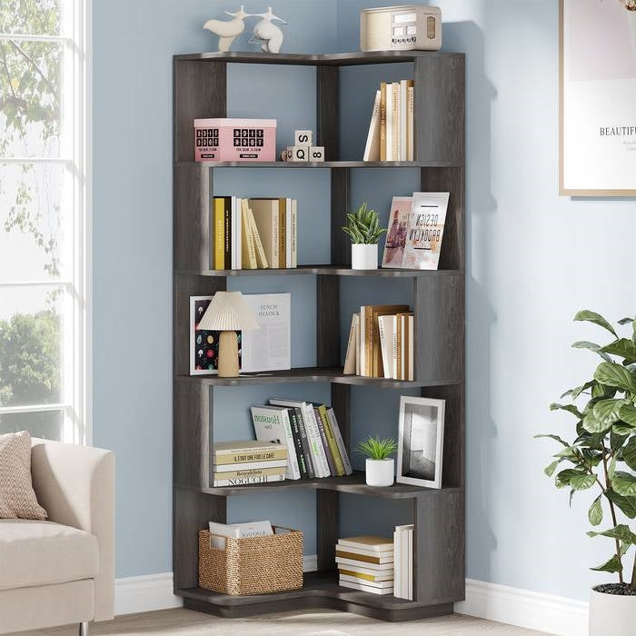 6-Shelf Dark Grey L-Shaped Corner Bookcase