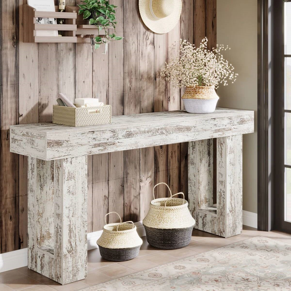 63-Inch Rustic White Farmhouse Console Table