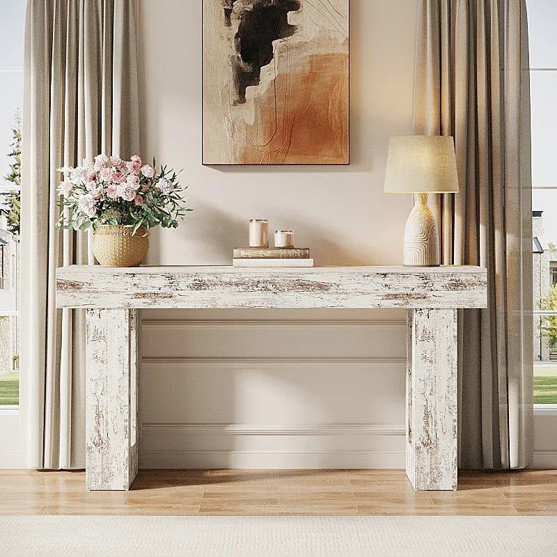63-Inch Rustic White Farmhouse Console Table