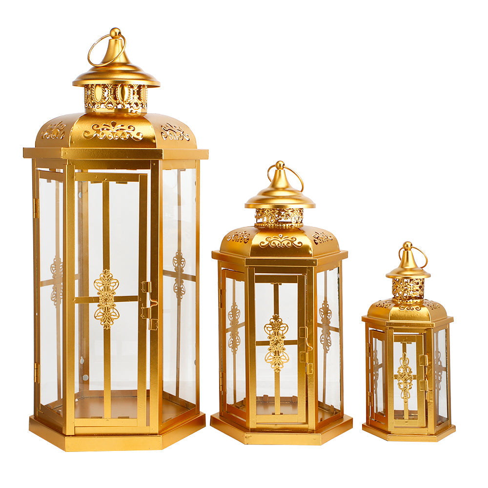 Set of three vintage gold metal and glass hanging lanterns by JHY Design