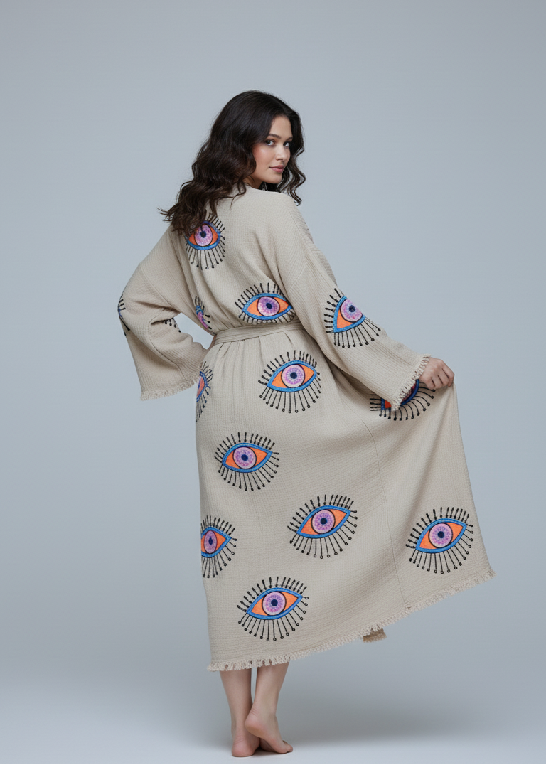 Evil Eye Hand-Printed Cotton Kimono