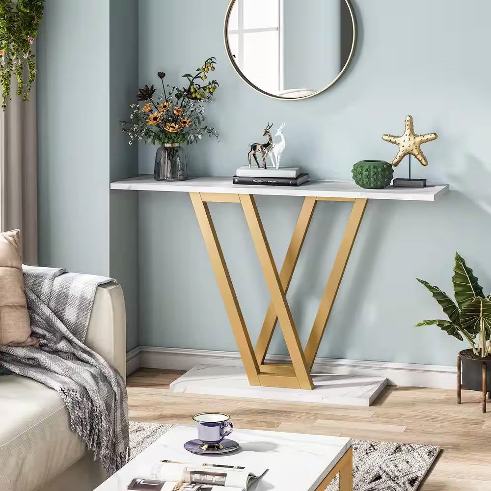 Faux white marble console table with gold frame by HomePacific