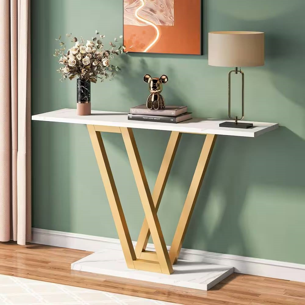 43-Inch Faux Marble Console Table with Gold Frame