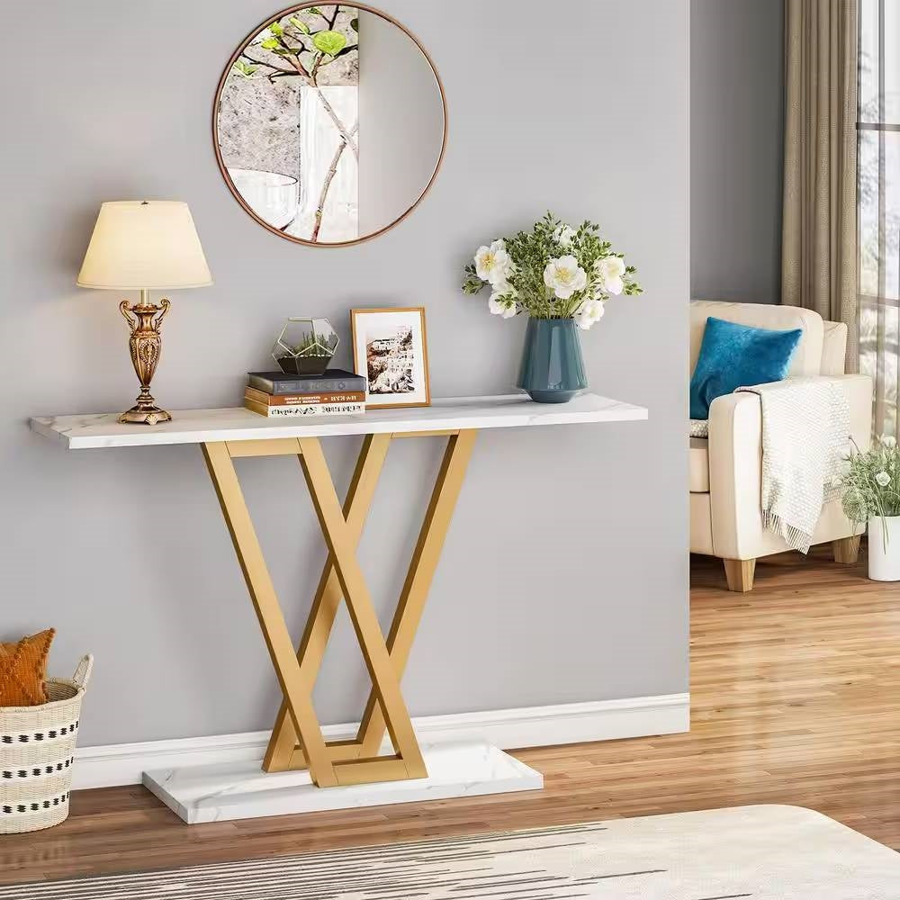43-Inch Faux Marble Console Table with Gold Frame