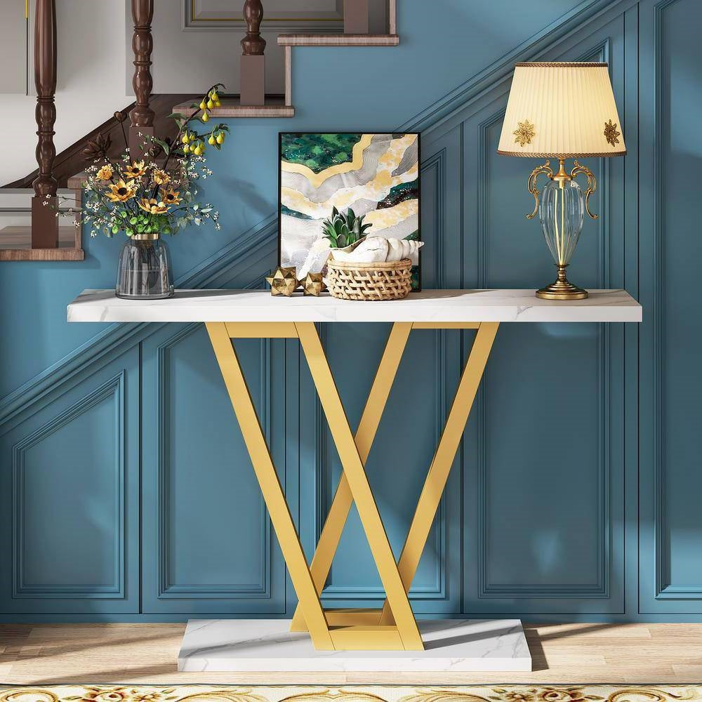43-Inch Faux Marble Console Table with Gold Frame