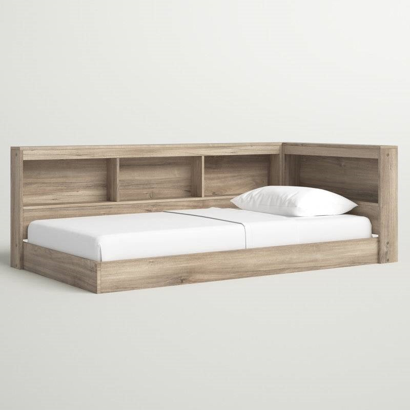 Full natural wood corner storage bed with bookcase and USB ports by HomePacific
