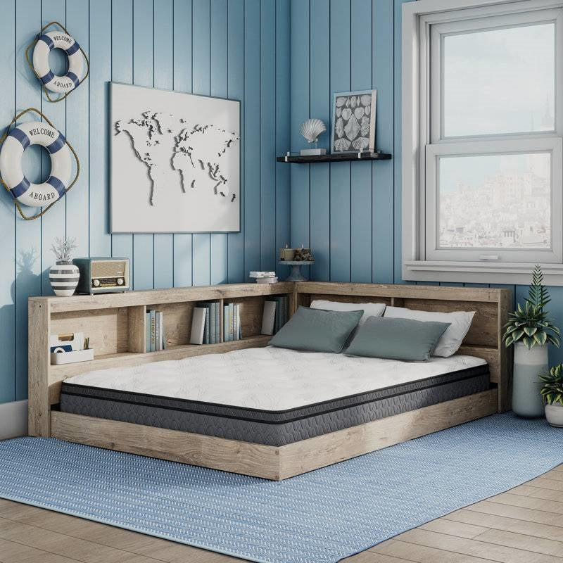 Full Natural Wood Corner Storage Bed with Bookcase & USB Ports