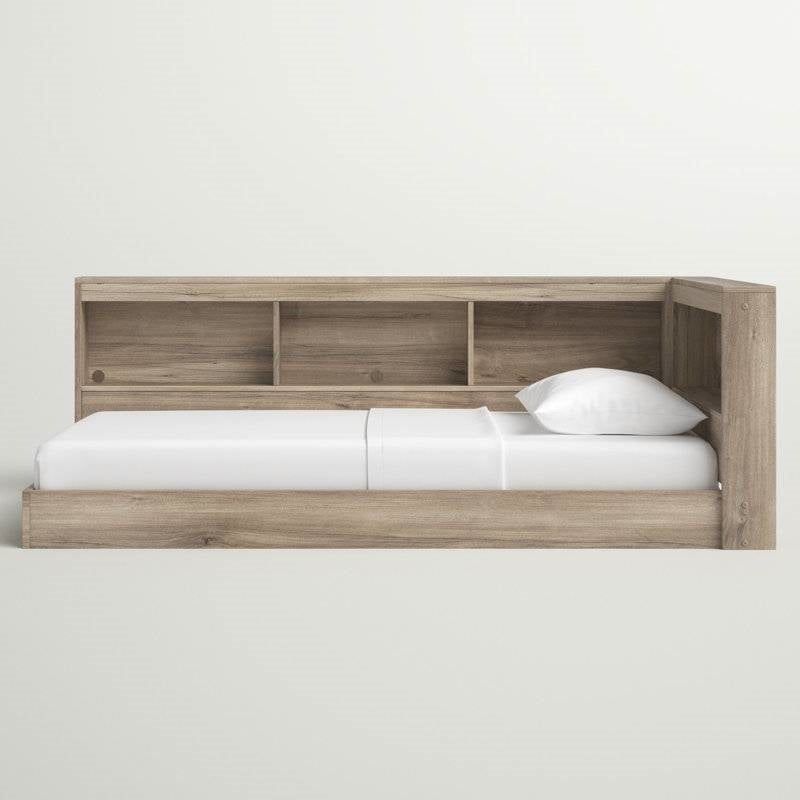 Full Natural Wood Corner Storage Bed with Bookcase & USB Ports