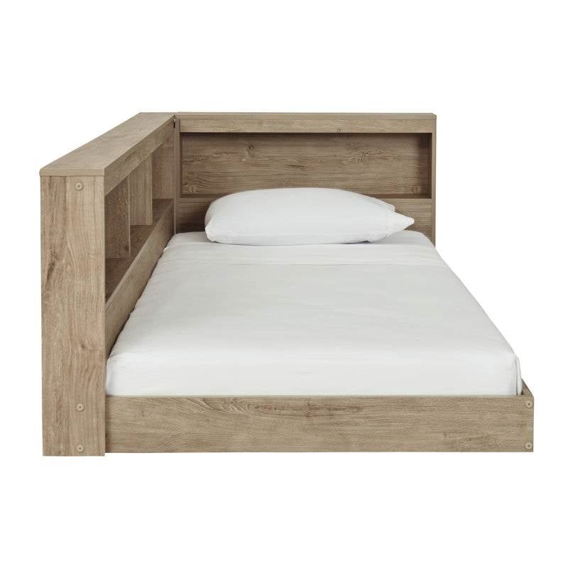 Full Natural Wood Corner Storage Bed with Bookcase & USB Ports