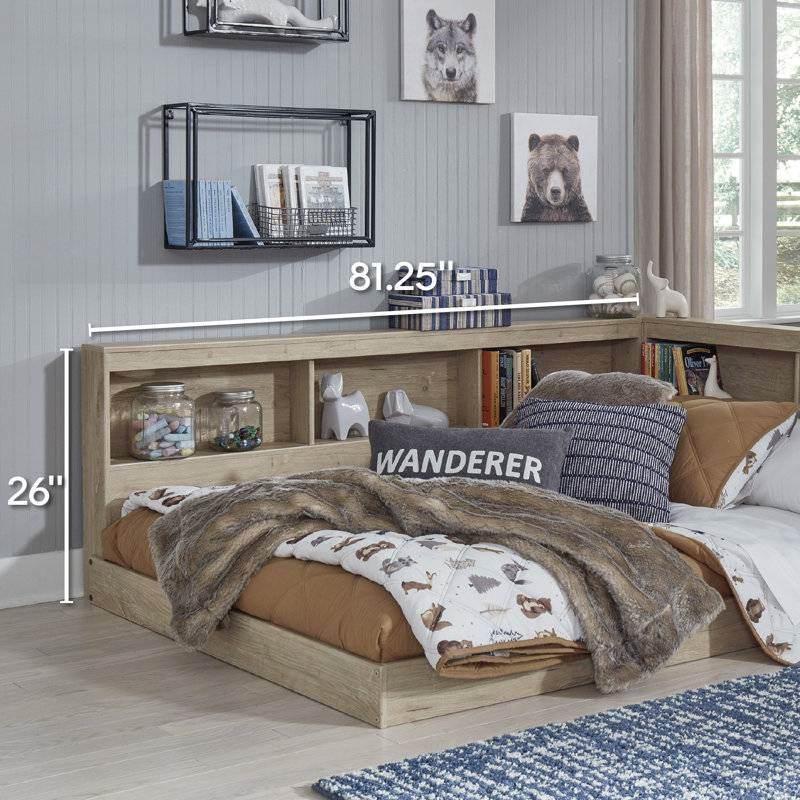 Full Natural Wood Corner Storage Bed with Bookcase & USB Ports