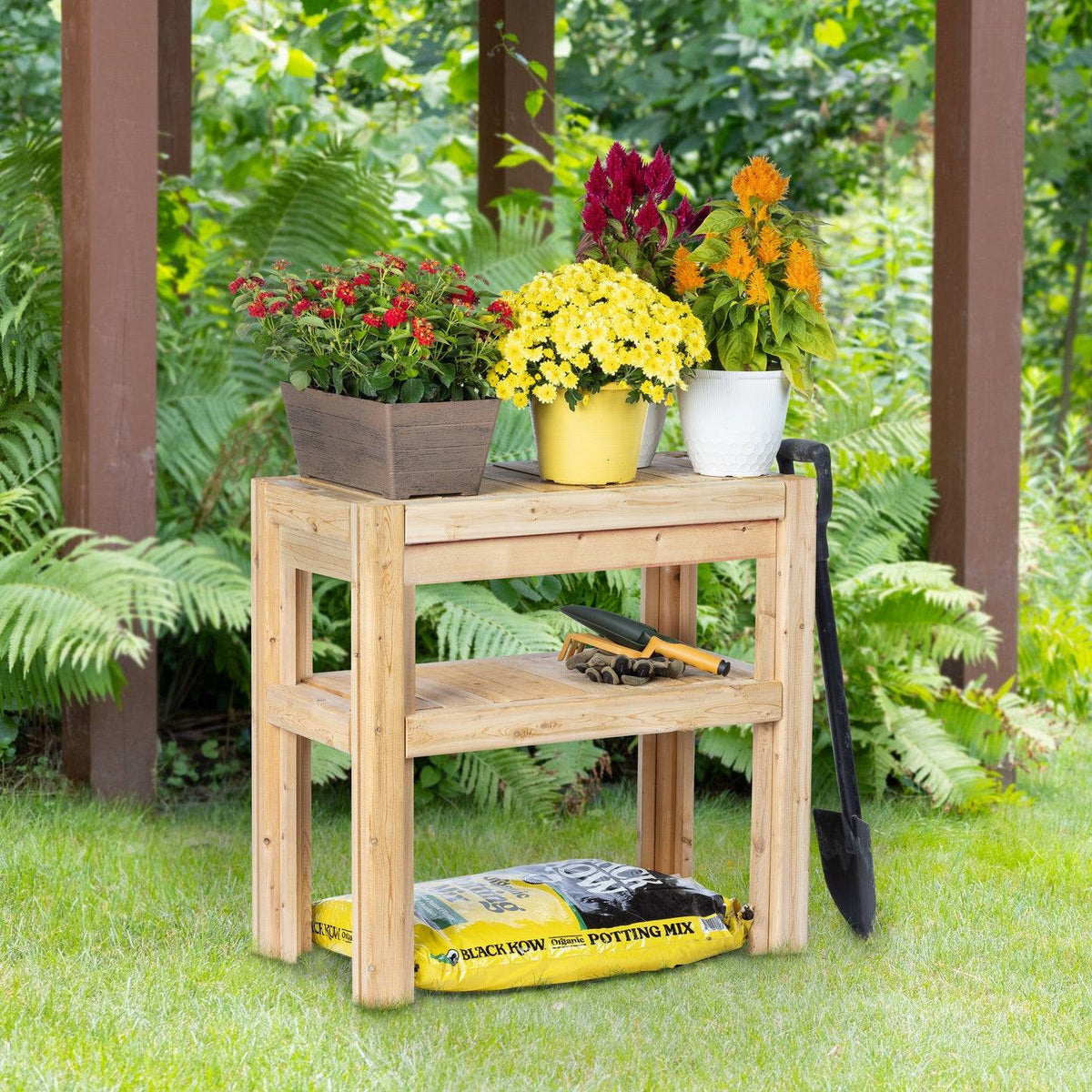 2-Tier Adjustable Cedar Wood Garden Storage Shelves - Made in USA