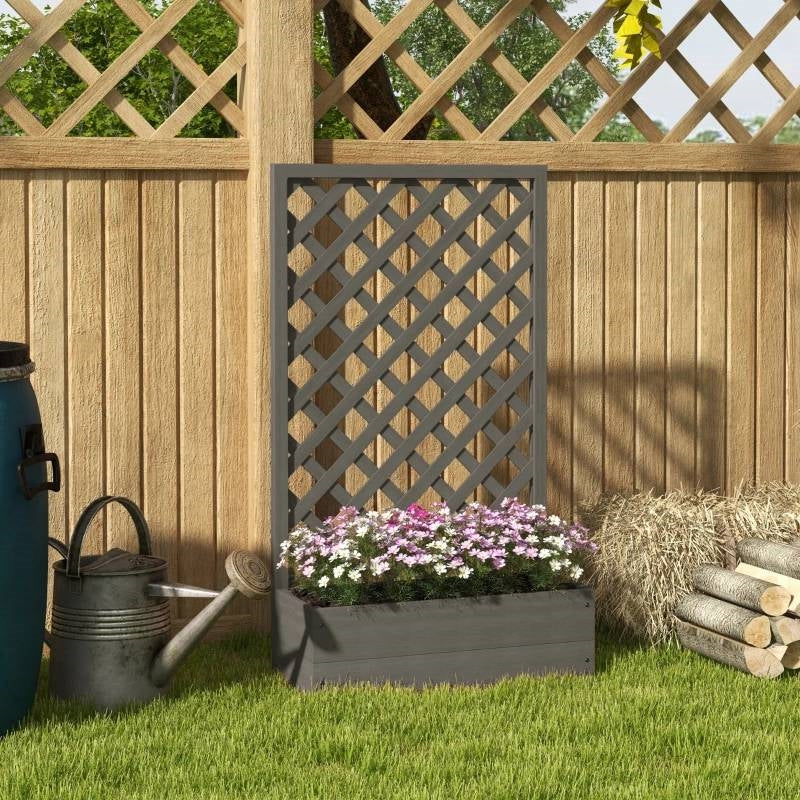 Grey Raised Garden Bed Planter with Lattice Trellis