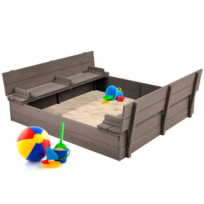 Grey cedar outdoor sandbox with convertible bench cover by HomePacific