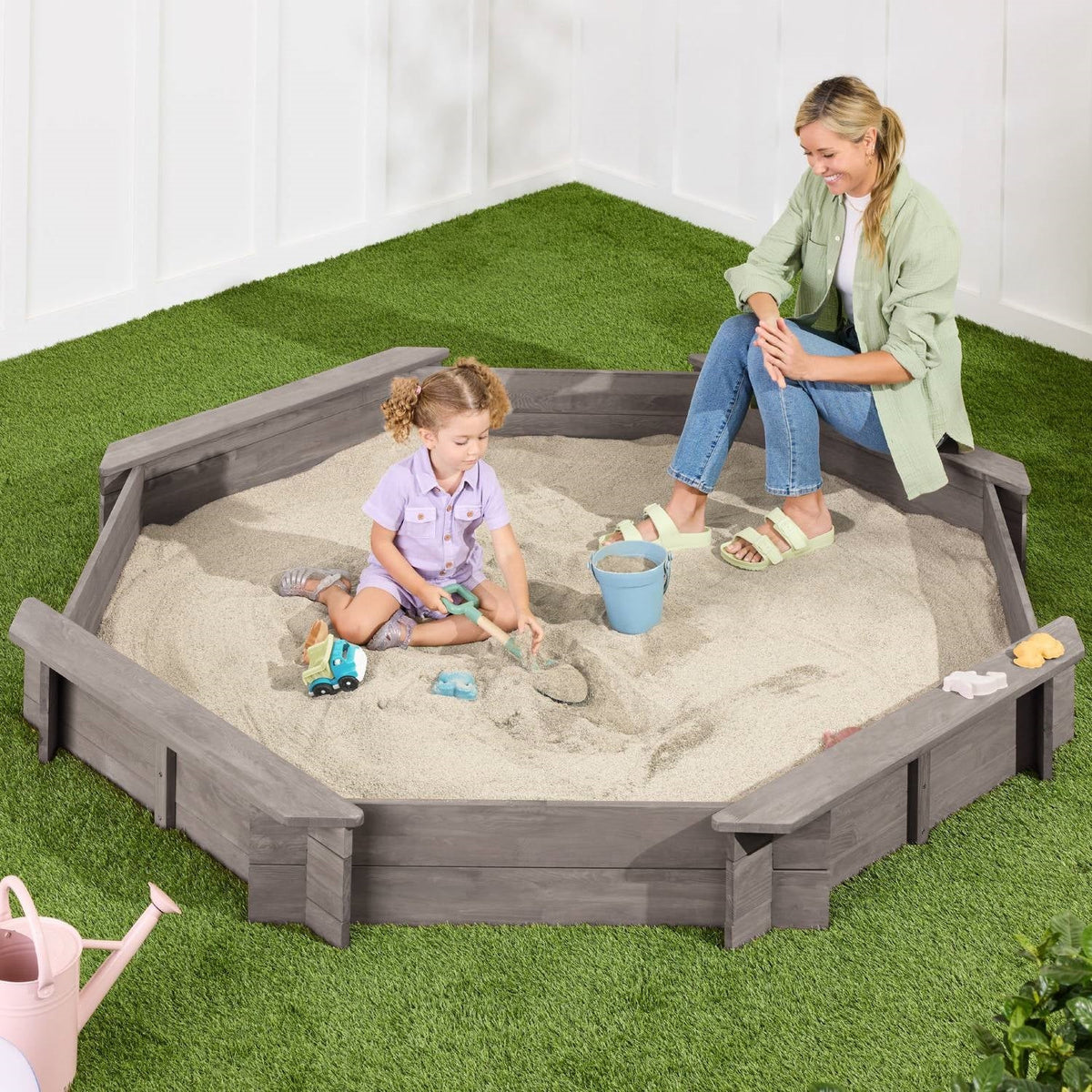 Grey octagonal outdoor sandbox with cover by HomePacific