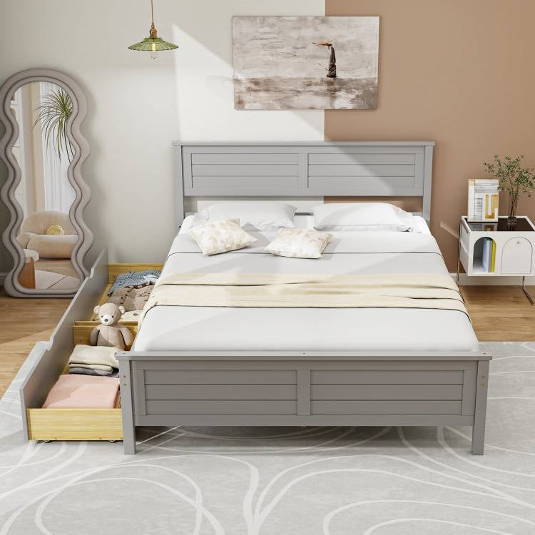 Full Size Grey Platform Bed with 2 Storage Drawers