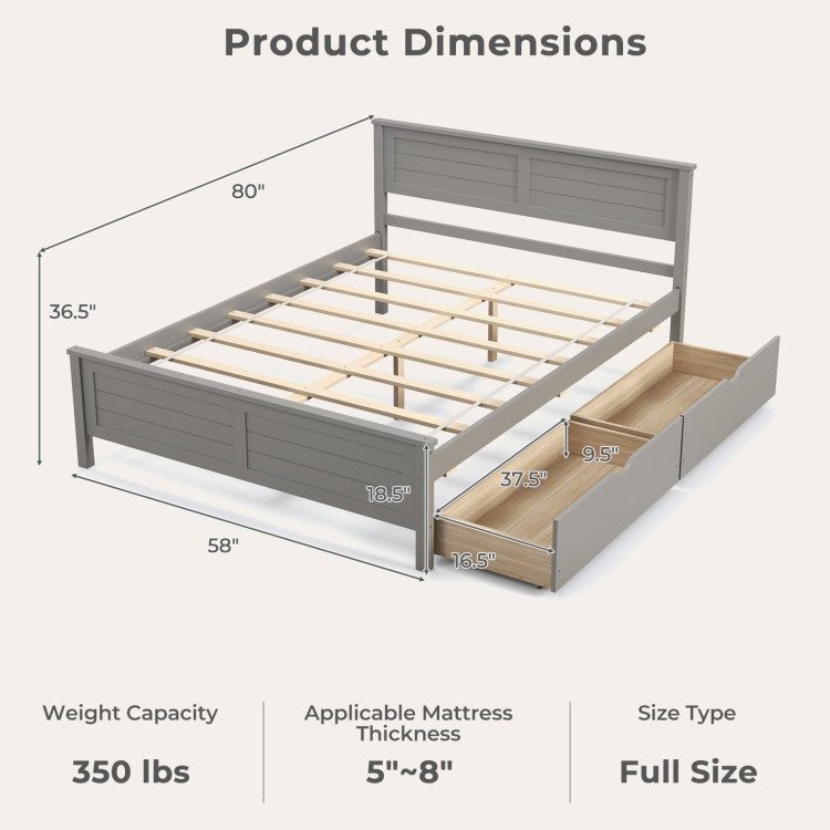 Full Size Grey Platform Bed with 2 Storage Drawers