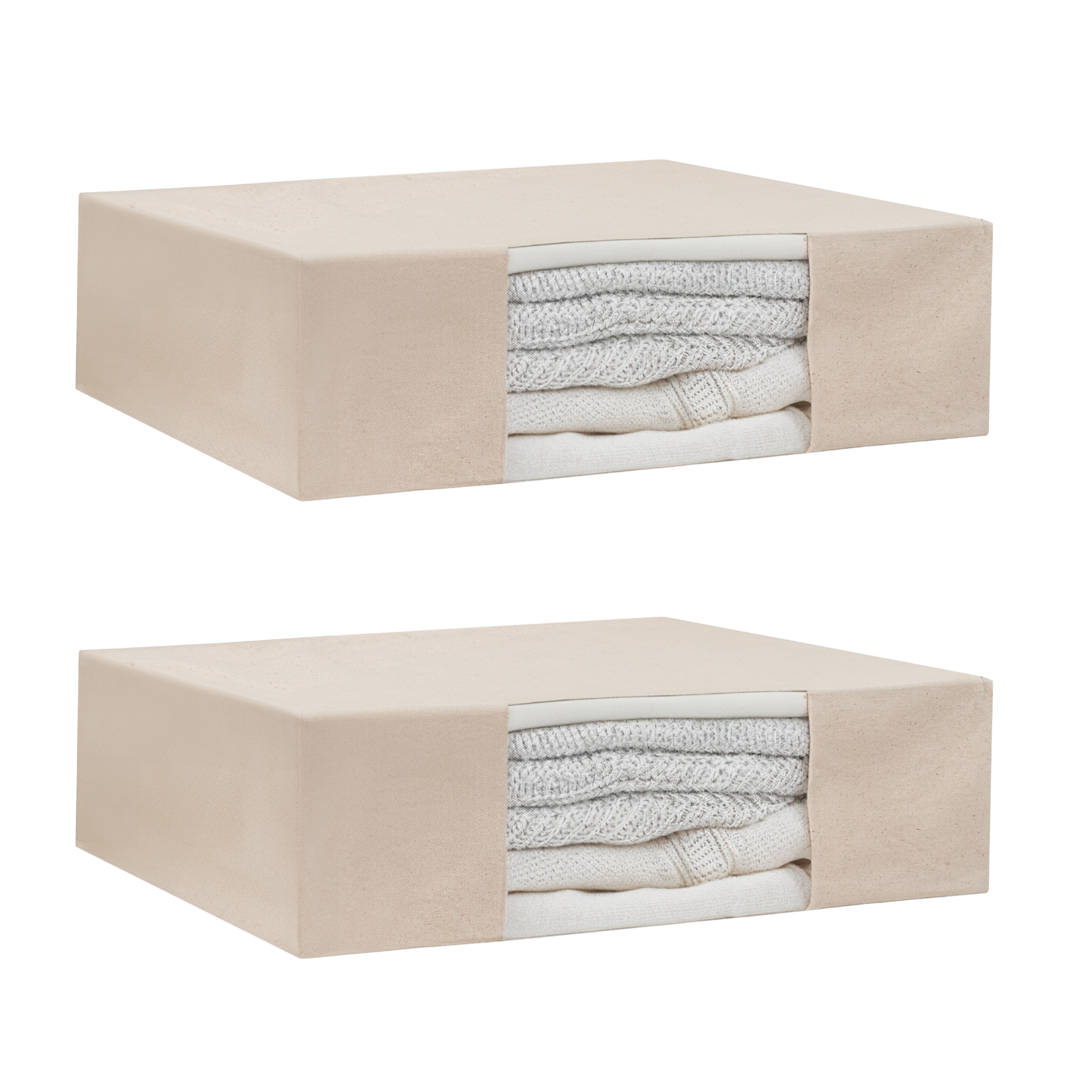 Garment storage bag shown with folded sweaters